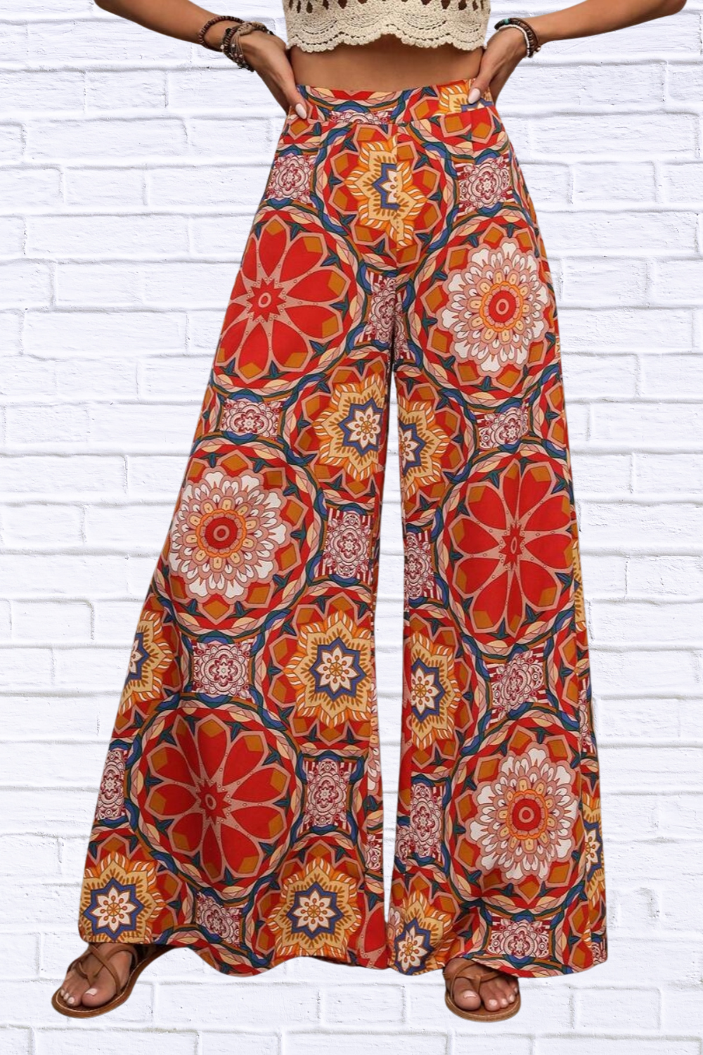 Printed Wide Leg Pants Orange-Red M