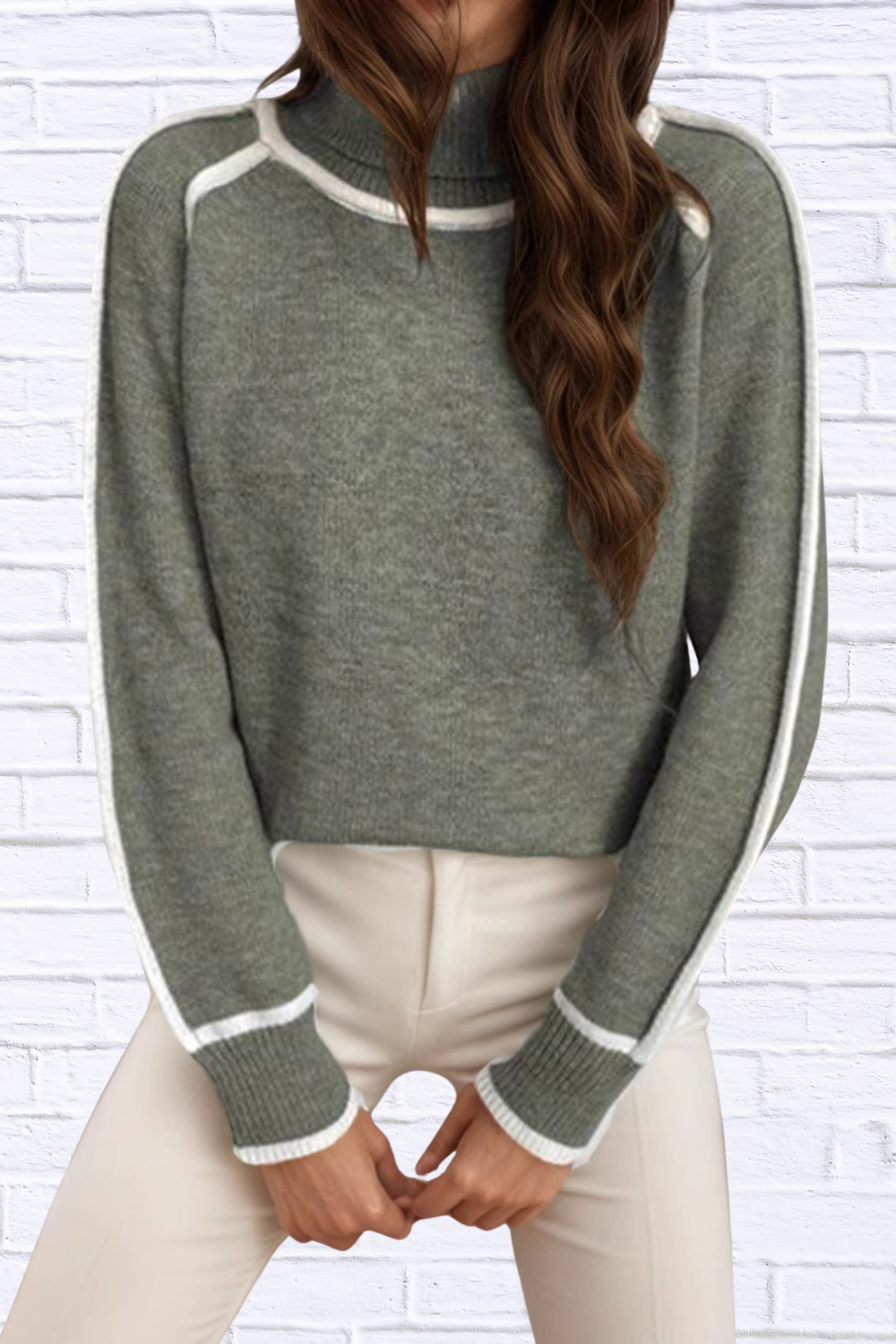 Turtleneck Contrast Trim Sweater with Ribbed Details Moss