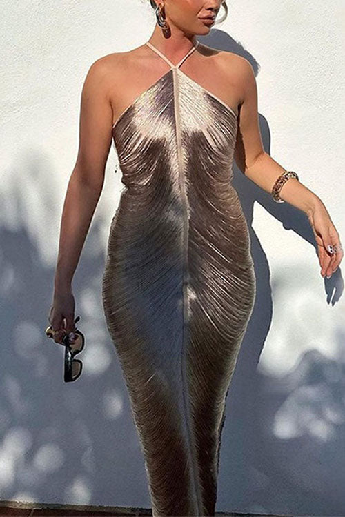 Chicest Halter Draped Fringe Maxi Party Dress Silver