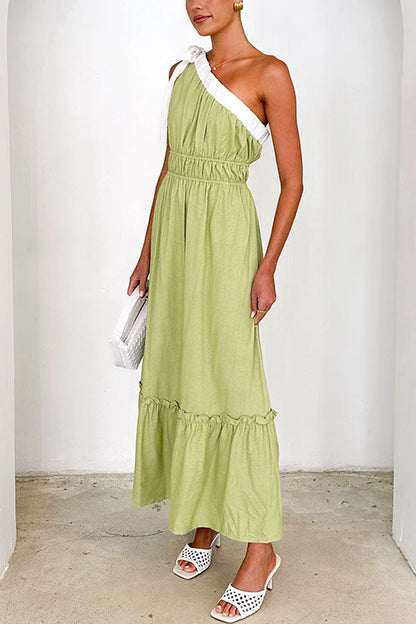 Tie Bow One Shoulder Waisted Ruffle Maxi Dress