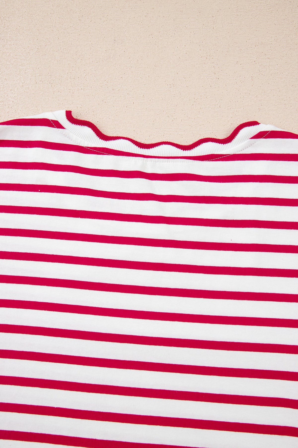 Red Stripe Scalloped Trim Round Neck T Shirt