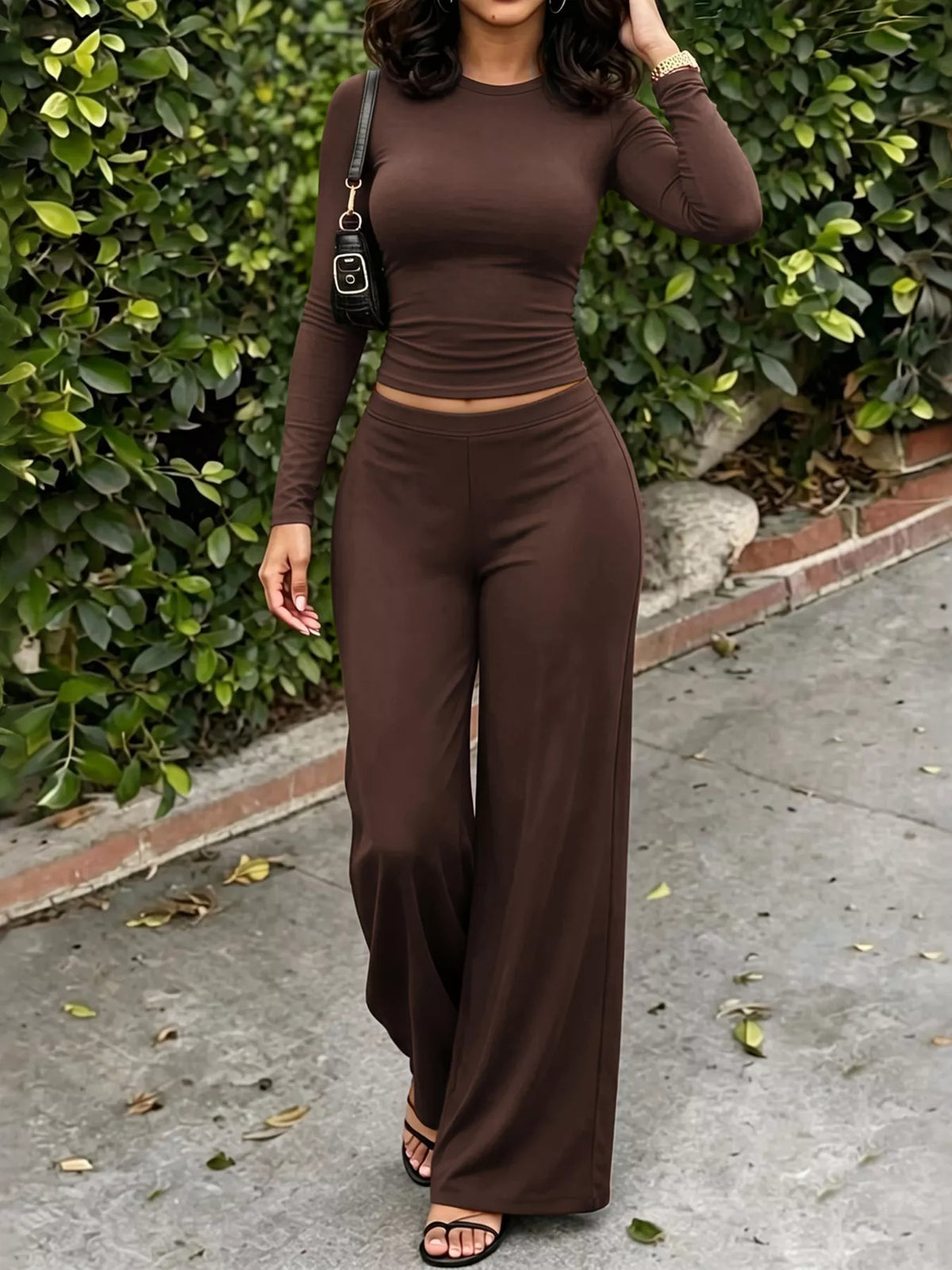 Long Sleeve Slim Fit Crop Top and Wide Leg Pant Set