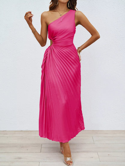 One-Shoulder Cutout Pleated Midi Dress