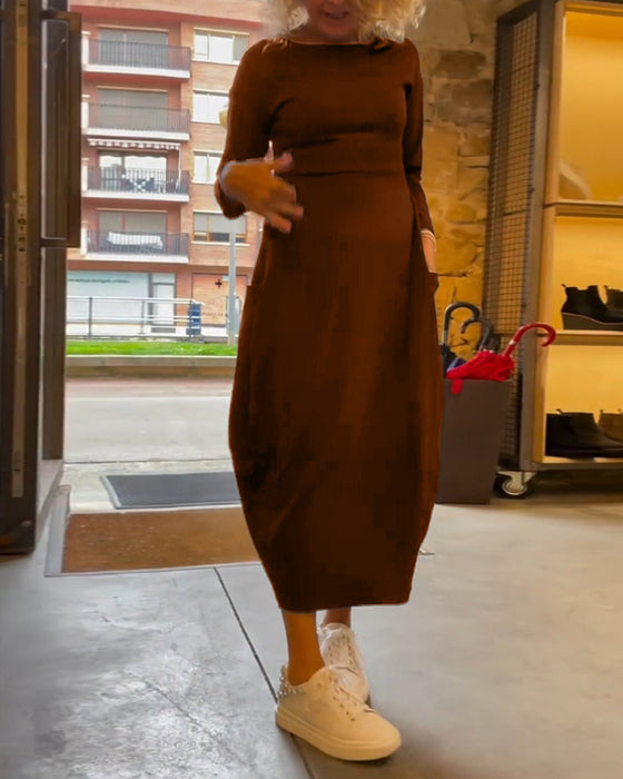 Solid color round neck long sleeve pocket dress