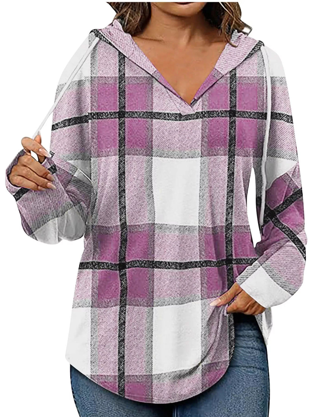 Plaid Long Sleeve Hoodie with Drawstring