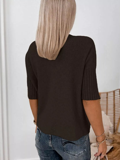 Ribbed Trim High Neck Short Sleeve Casual Sweater