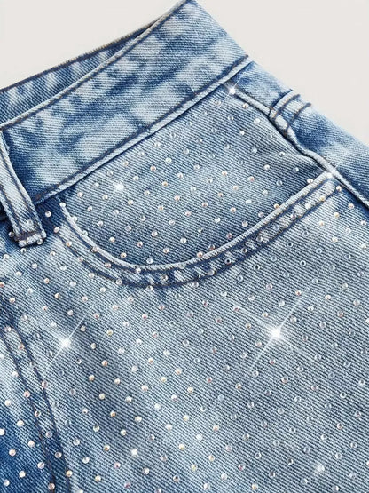 High-Waisted Rhinestone Wide-Leg Jeans