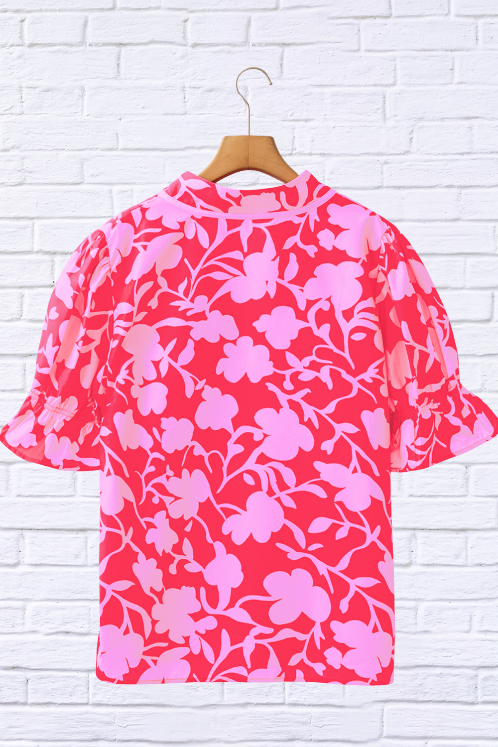 Floral Split V-Neck Ruffled Short Sleeve Blouse – Pink on Pink