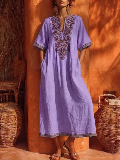 Printed Notched Half Sleeve Midi Dress