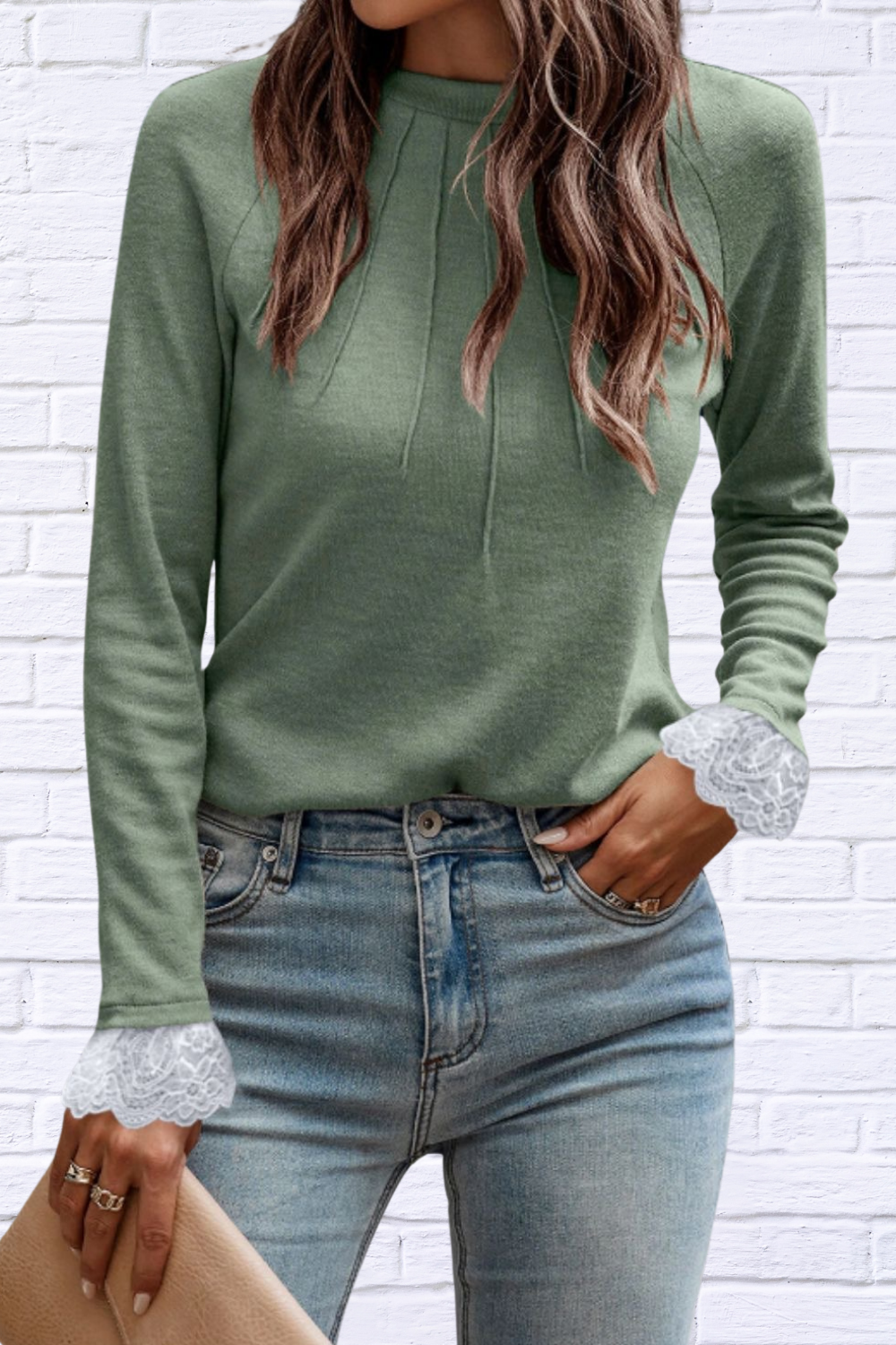 Audrey Lace Detail Round Neck Long Sleeve T-Shirt Sage