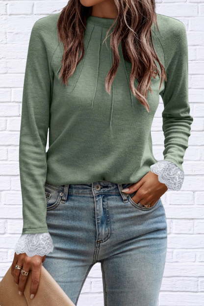 Audrey Lace Detail Round Neck Long Sleeve T-Shirt Sage