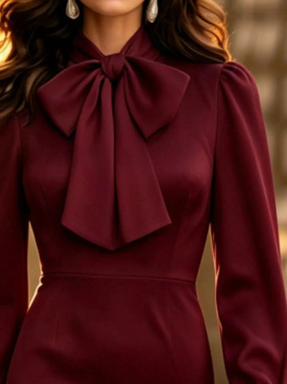 Pussy-Bow Long Sleeve Midi Dress