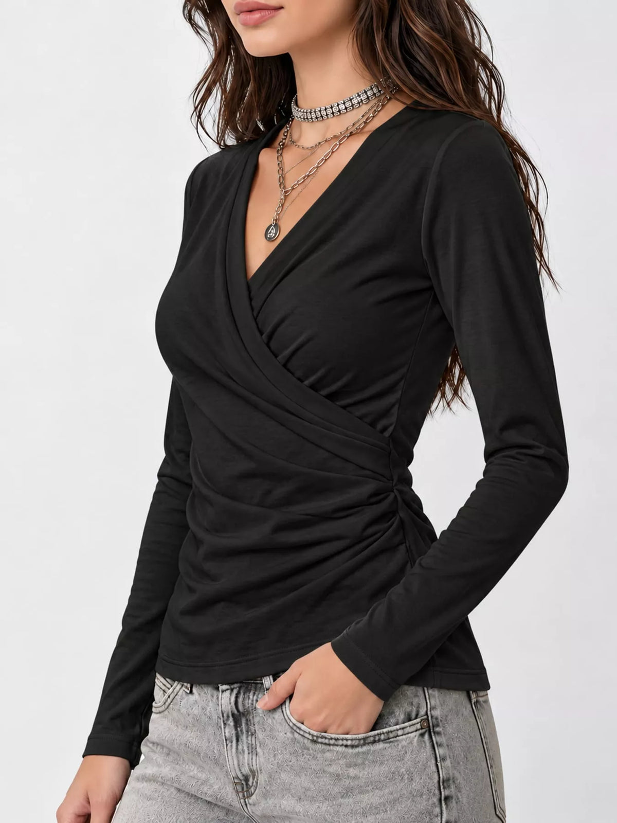 Full Size Surplice Long Sleeve T-Shirt Plus Size