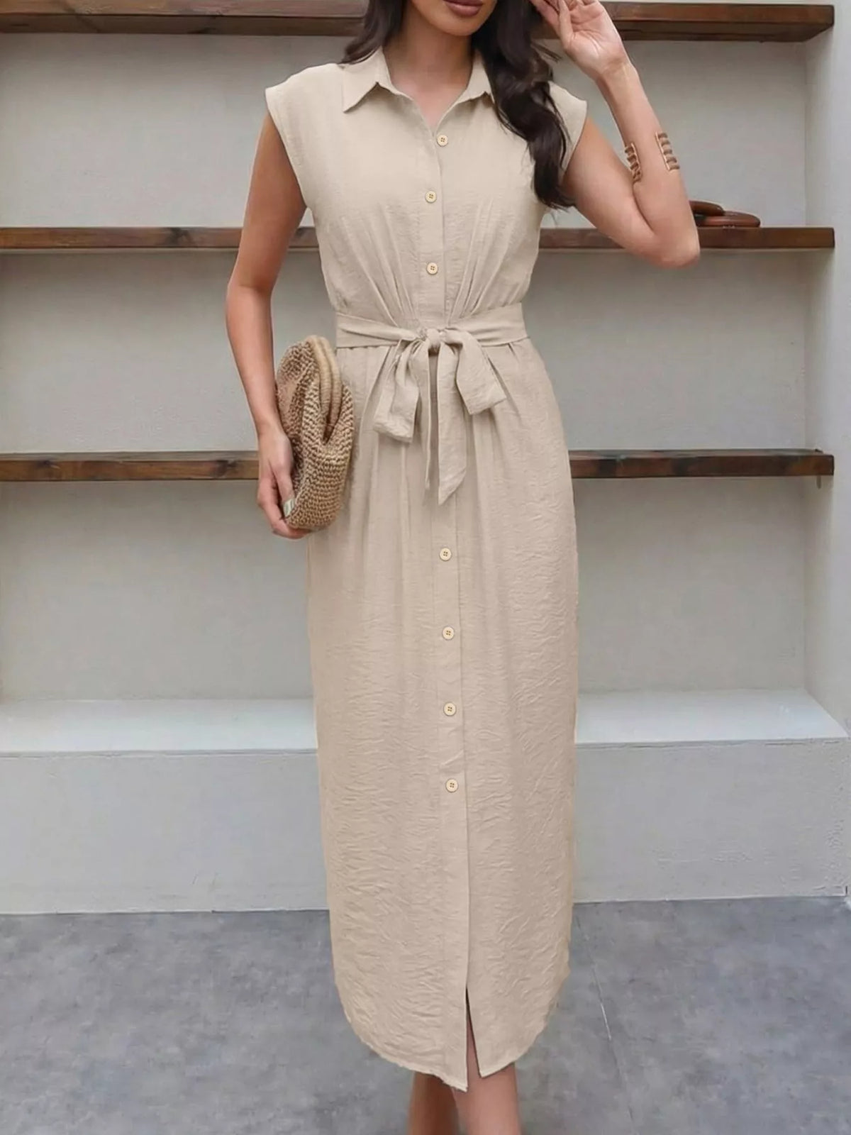 Sleeveless Button-Down Tie Waist Midi Dress