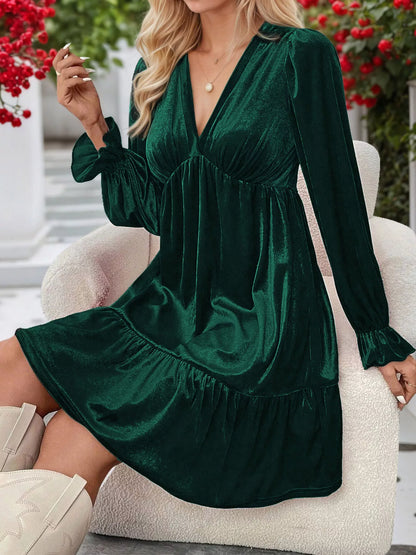Velvet V-Neck Long Sleeve Ruffle Hem Mini Dress