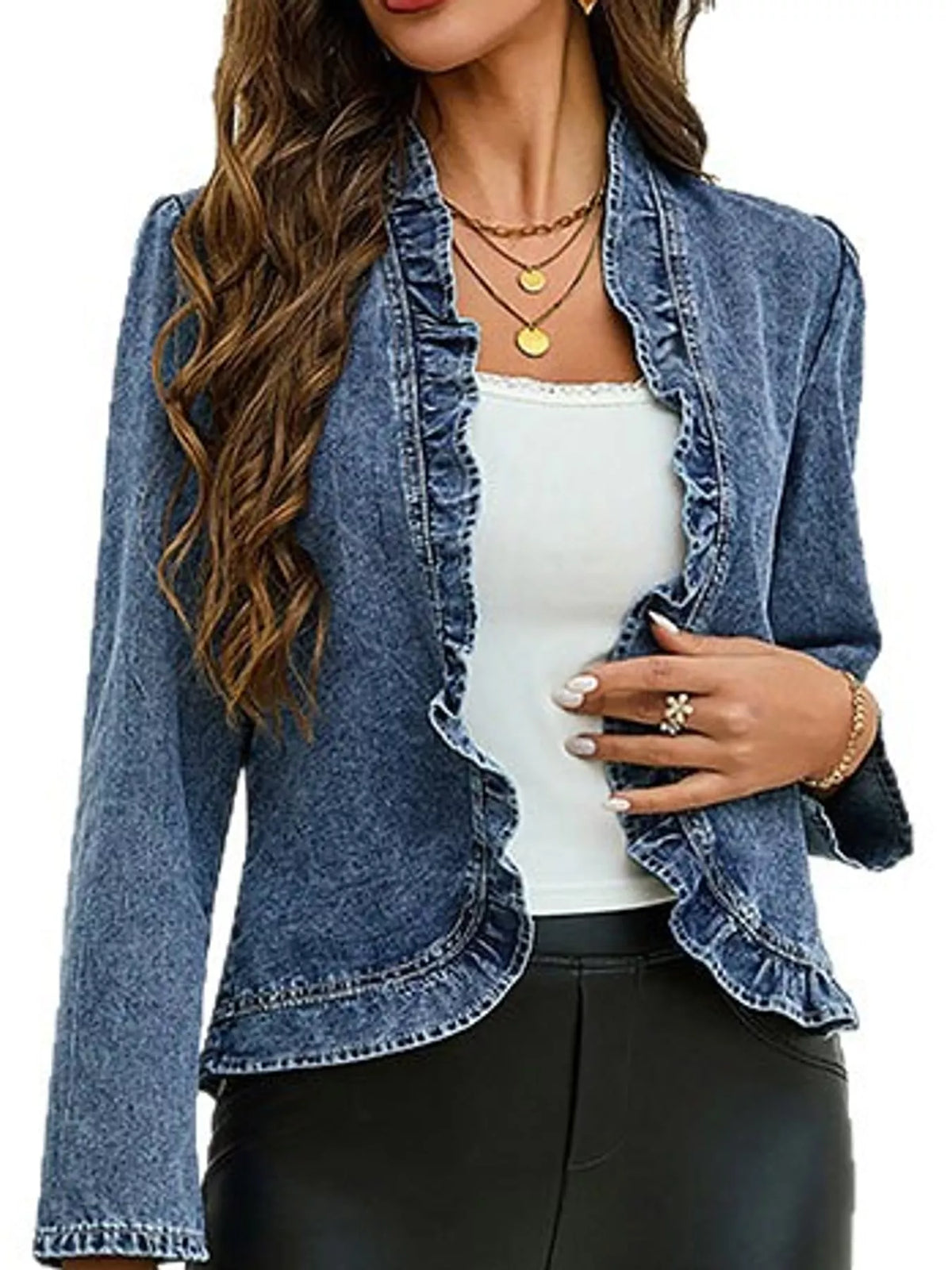 Full Size Open Front Ruffled Trim Washed Denim Jacket Plus Size