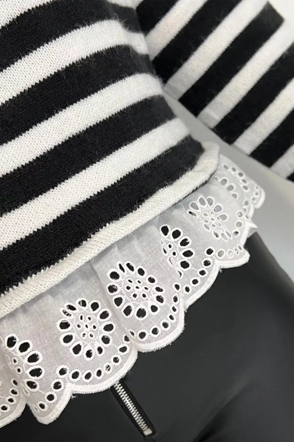 Striped High Neck Contrast Ruffle Detail Sweater for Women