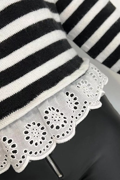 Striped High Neck Contrast Ruffle Detail Sweater for Women