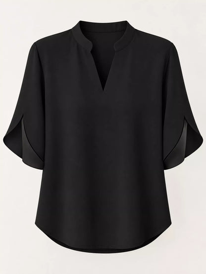 Notched Slit Short Sleeve Blouse