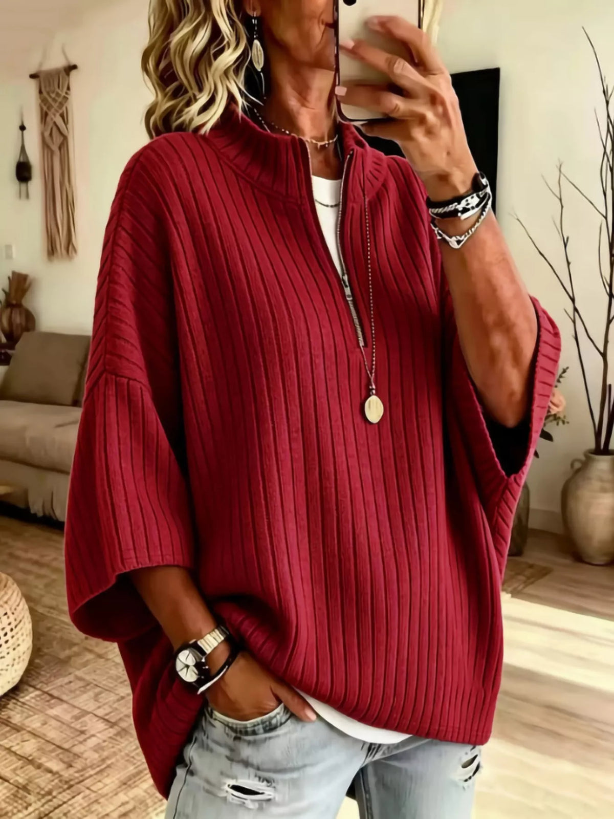 Half-Zip Ribbed Knit Top
