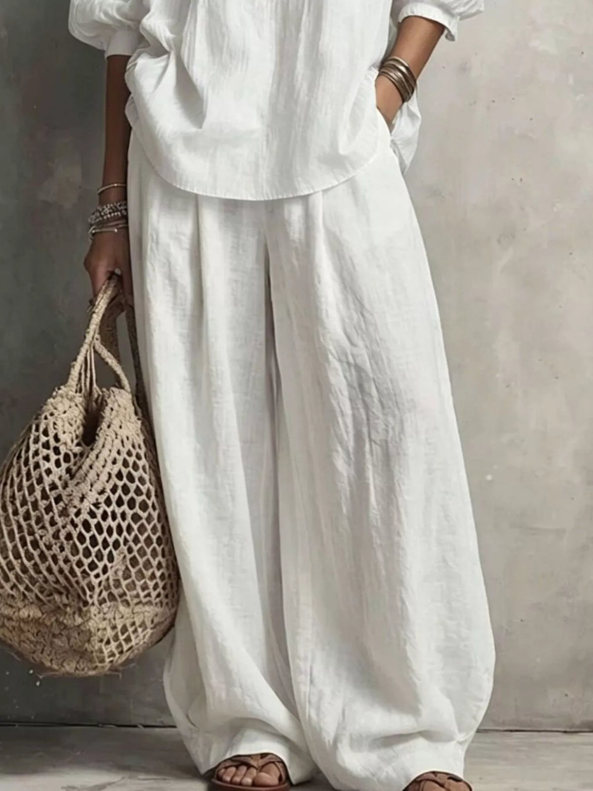 Notched Blouse and Wide-Leg Pants Set