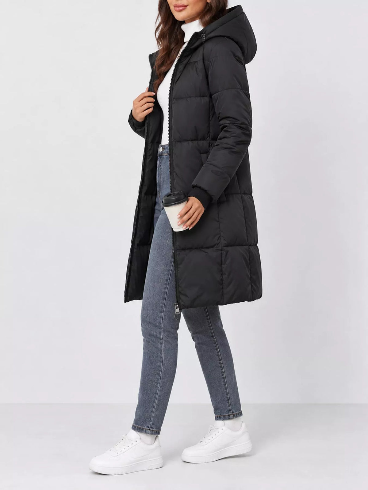 Full Size Zip Up Hooded Longline Puffer Outerwear Plus Size