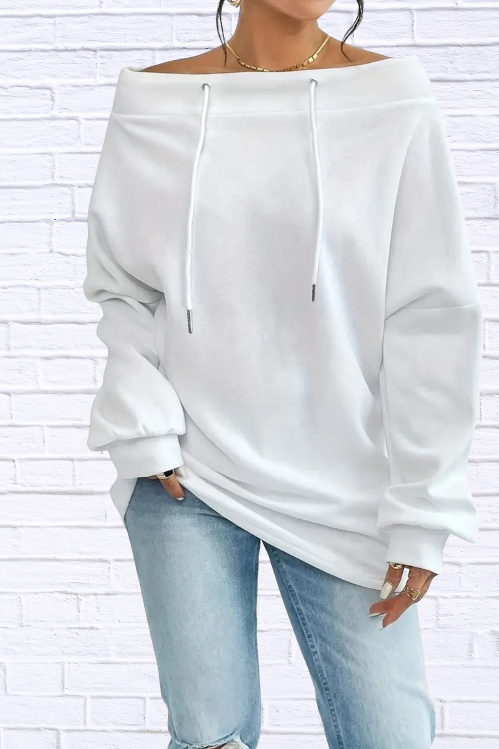 Off-Shoulder Drawstring Sweatshirt