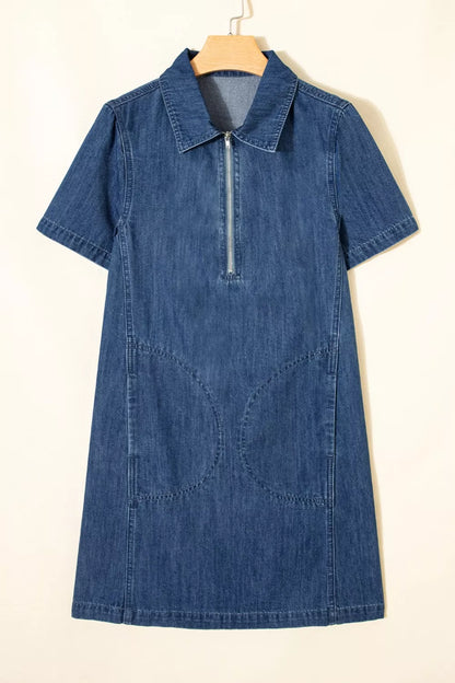 Zip Up Collared Short Sleeve Shift Mini Denim Dress