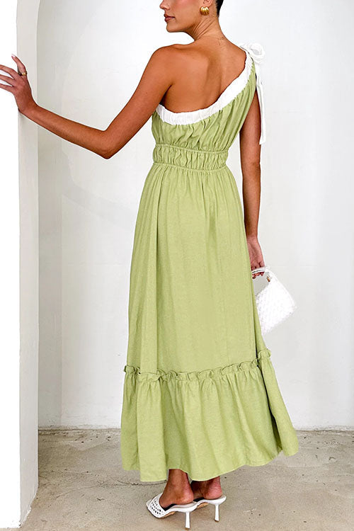 Tie Bow One Shoulder Waisted Ruffle Maxi Dress