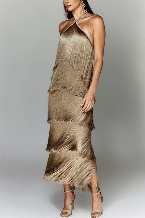 Chicest Halter Ruffle Layered Fringe Maxi Party Dress Camel