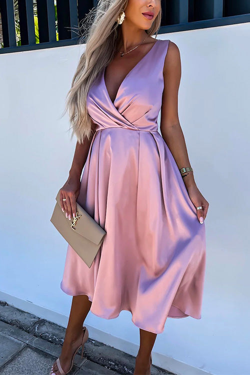 Sleeveless Cross V Neck Waisted Swing Party Dress Pink
