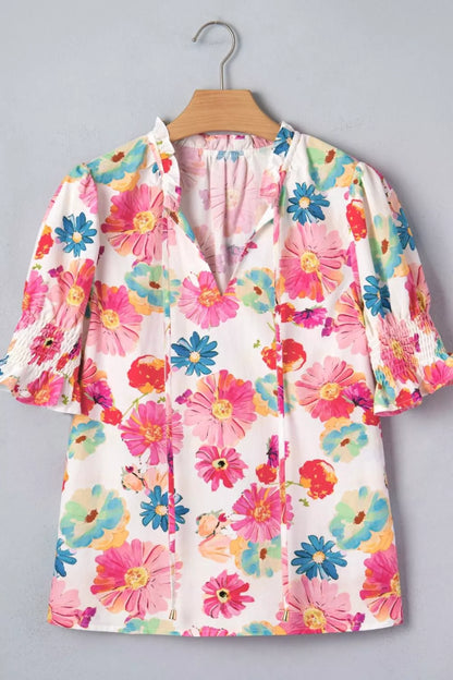 Floral Print Ruched Short Sleeve Blouse