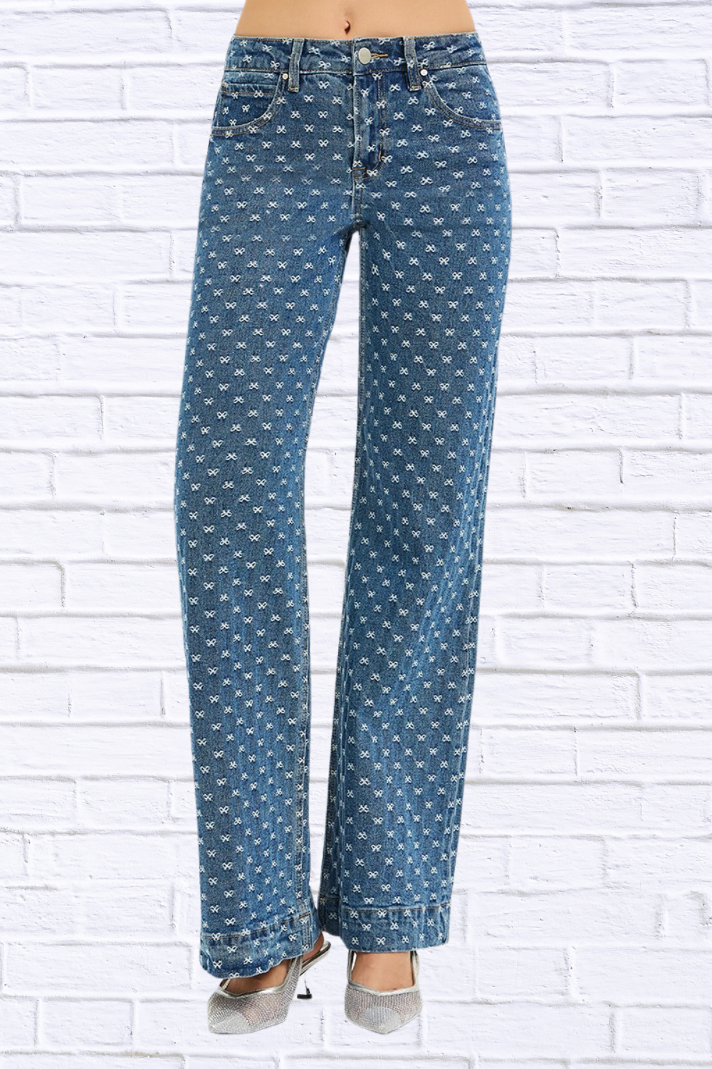 RISEN High Rise Wide Leg Bow Embroidered Jeans