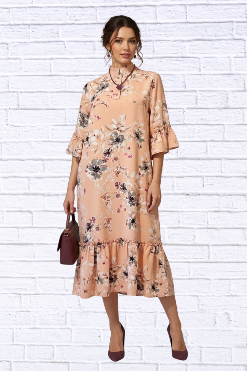 🌸 Peach Floral Ruffle Hem Midi Dress with 3/4 Sleev Soft Melon with a touch of Plum
