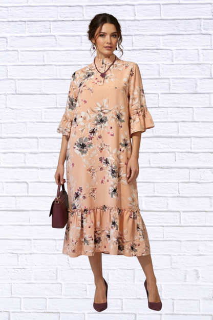 🌸 Peach Floral Ruffle Hem Midi Dress with 3/4 Sleev Soft Melon with a touch of Plum