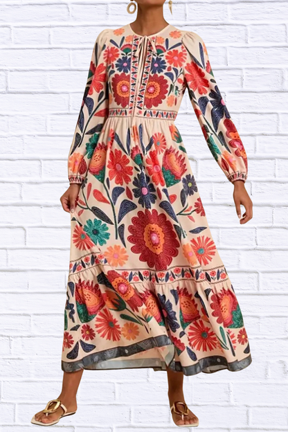 Floral Tie Waist Long Sleeve Dress Color 1 L