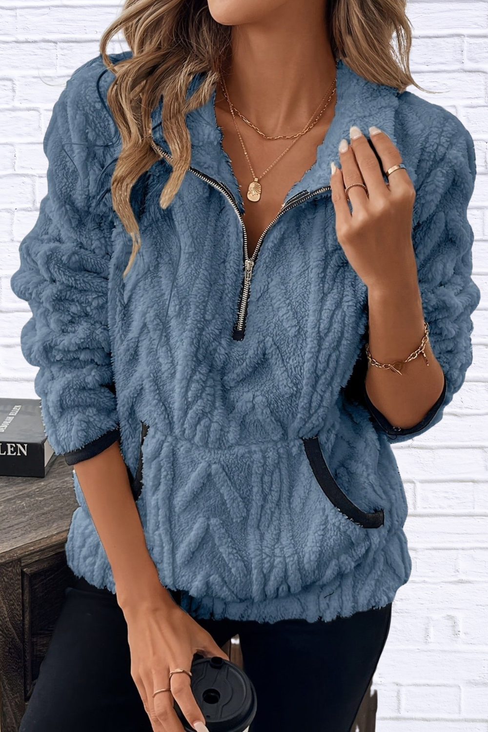 Full Size Half Zip Kangaroo Pocket Sweatshirt Plus Size