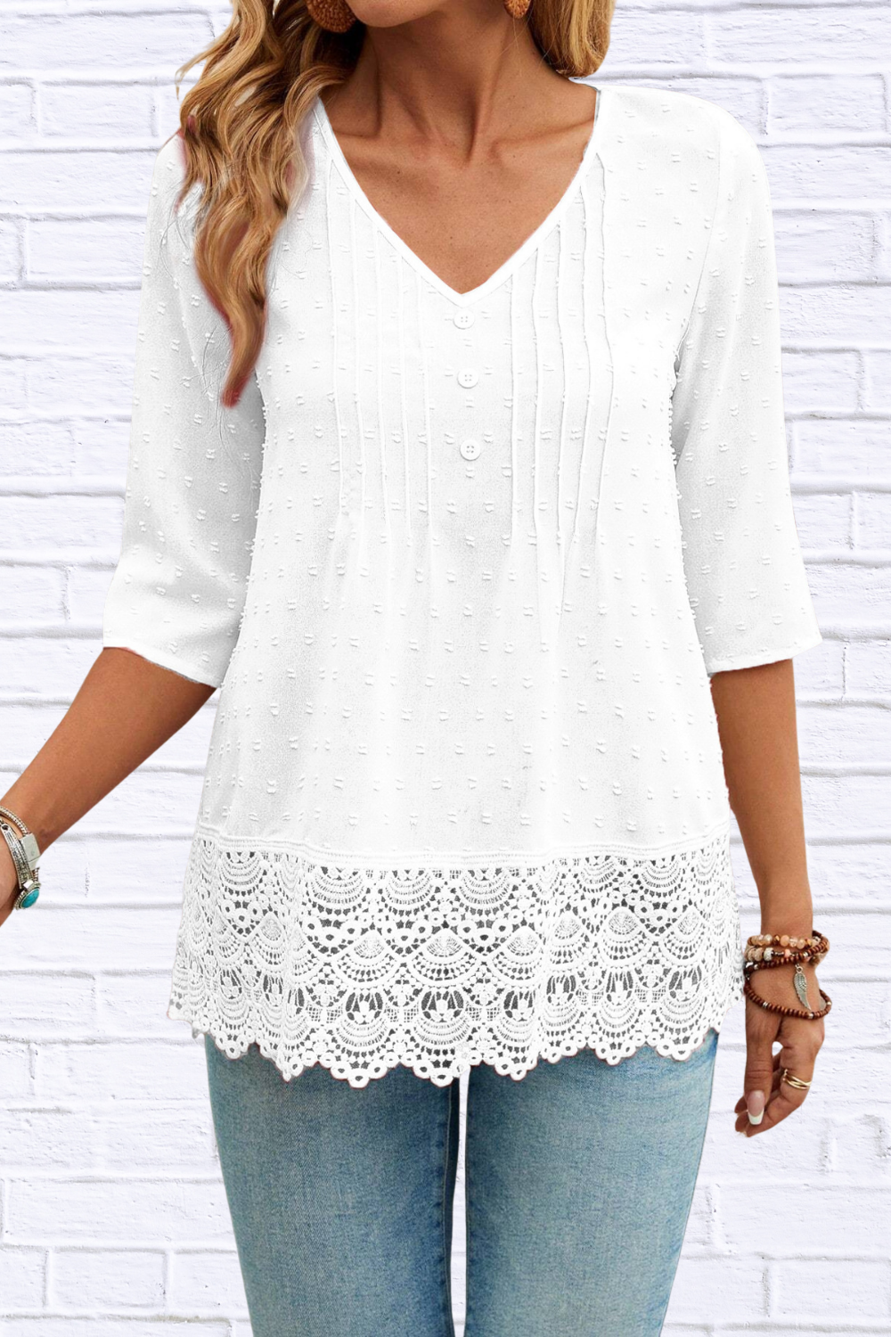 Lace Hem V-Neck Blouse White M