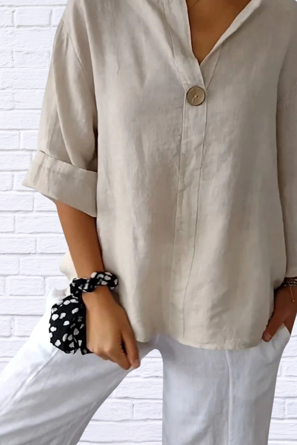 Full Size Linen Blend Notched Blouse Plus Size