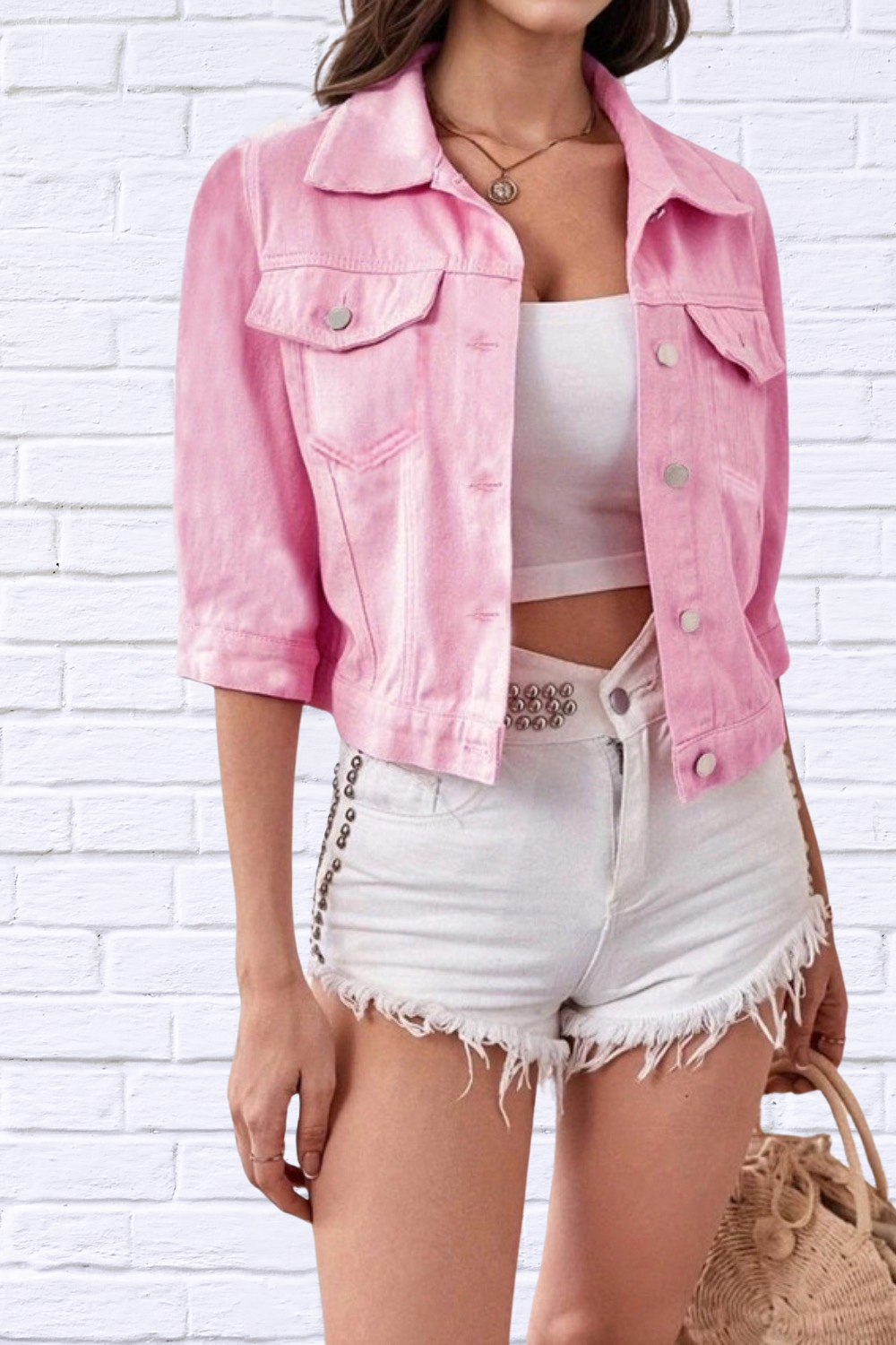 Full Size Cropped Denim Jacket Plus Size Pink