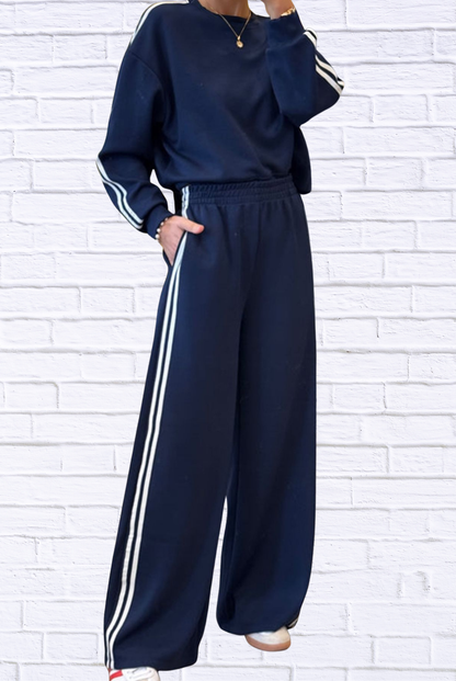 Striped Detail Crewneck Top and Elastic Sweatpants 2pcs Set Navy
