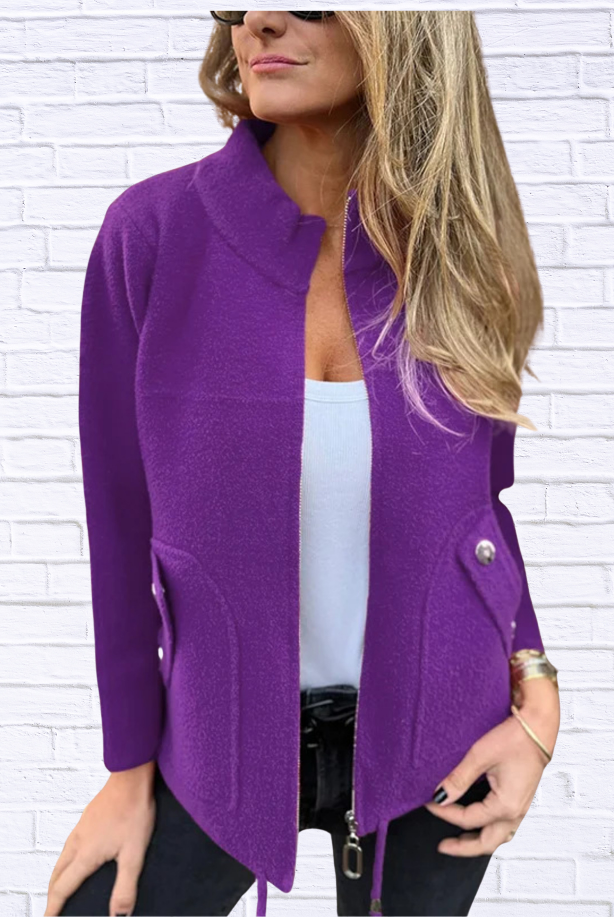 Full Size Textured Knit Zip Up Outerwear Plus Size Purple