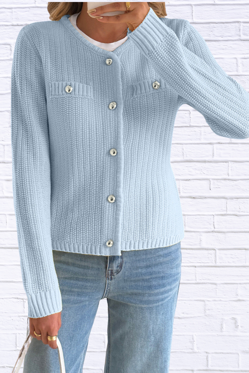Front Ribbed Long Sleeve Cardigan Blue