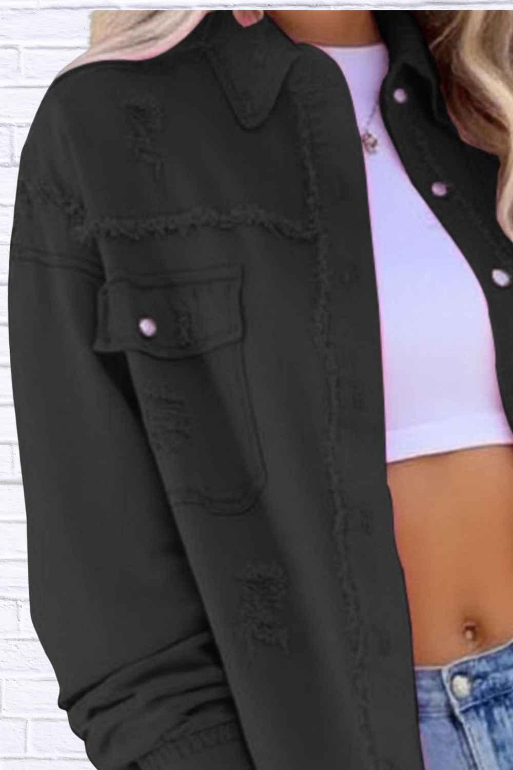 Distressed Denim Jacket with Frayed Edges