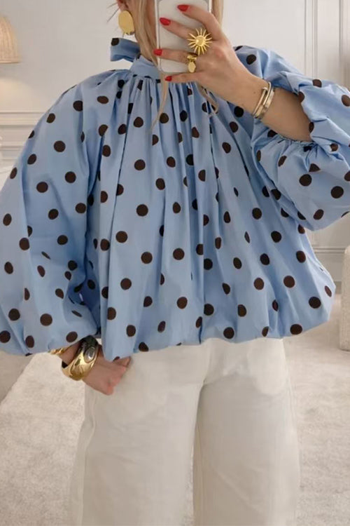 Lantern Long Sleeves Bow Back Slit Polka Dot Top