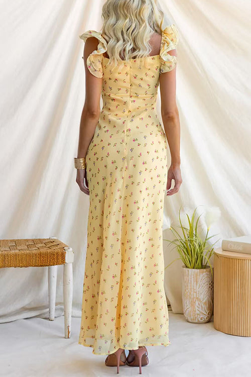 Ruffle Sleeves Floral Print Mesh Overlay Maxi Dress