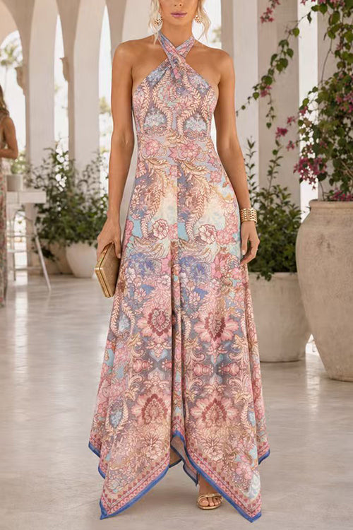 Halter Neck Open Back Floral Print Maxi Dress