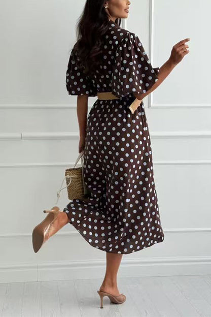 Collared Short Sleeves Button Up Polka Dot Midi Dress