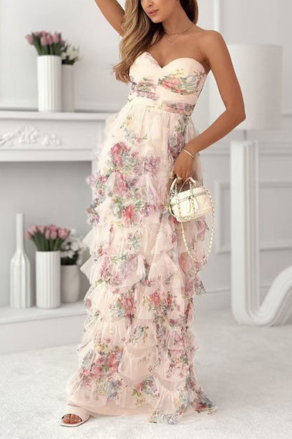 Strapless Floral Print Ruffle Layered Maxi Dress