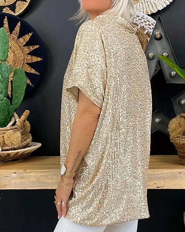 Clidress Graceful V Neck Sequin Loose Top